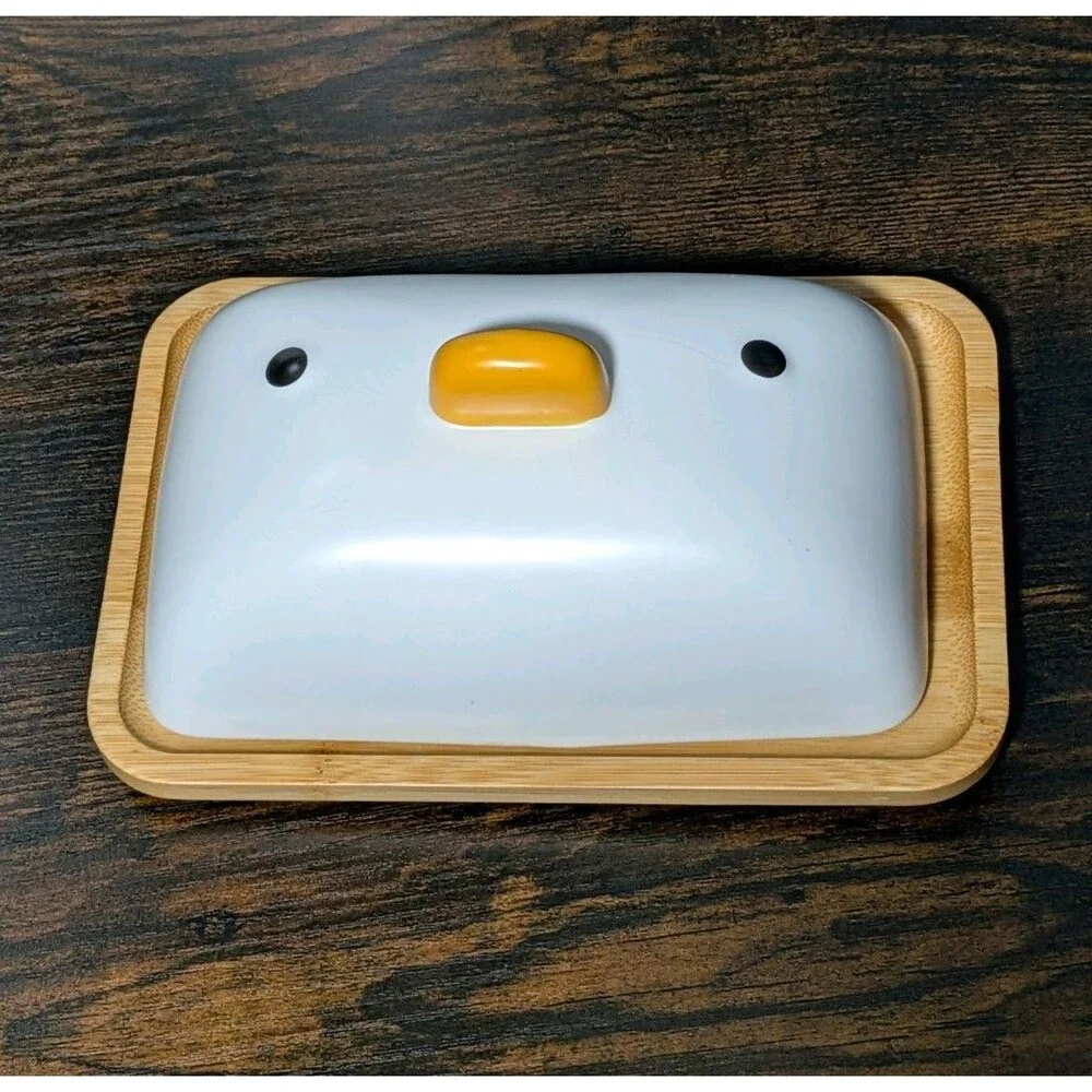 PURROOM Duck Butter Dish Countertop Bamboo Porcelain Lid Wooden Tray Storage